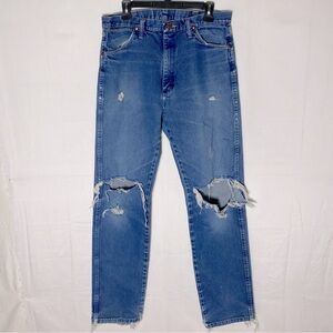 Vintage Wrangler Heavily Distressed Destroyed Blue Denim Work Jeans 34